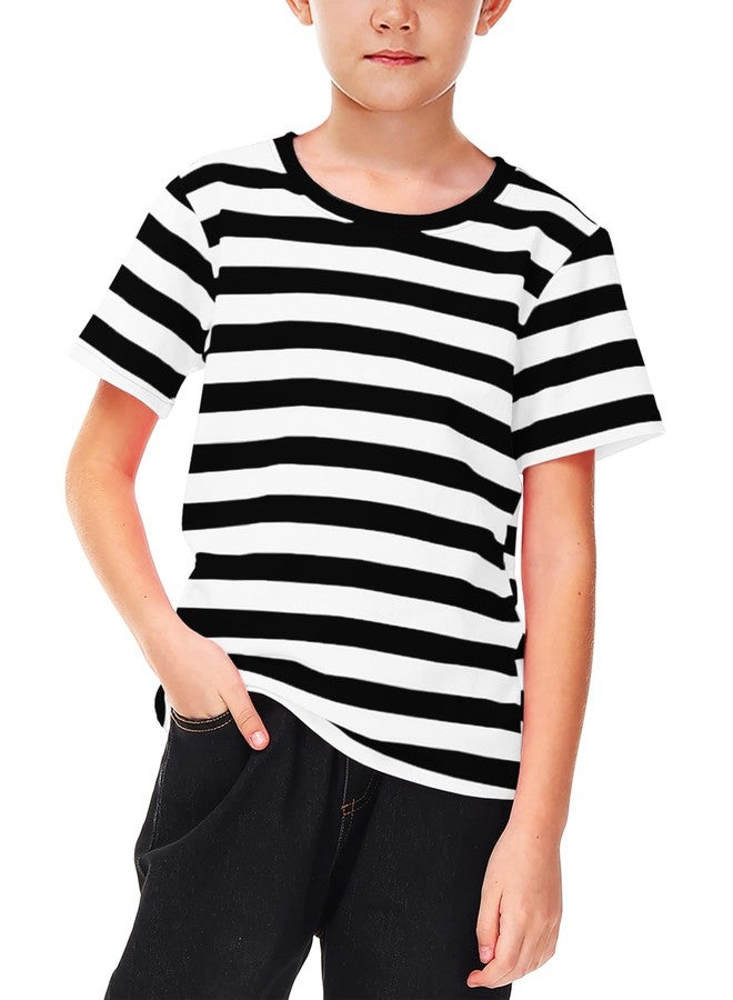 Deerose Kids Mime Artist Costume Shirt Halloween Short Sleeve Black White Striped Crewneck Summer Tee Top 7-8 Years - Image 2